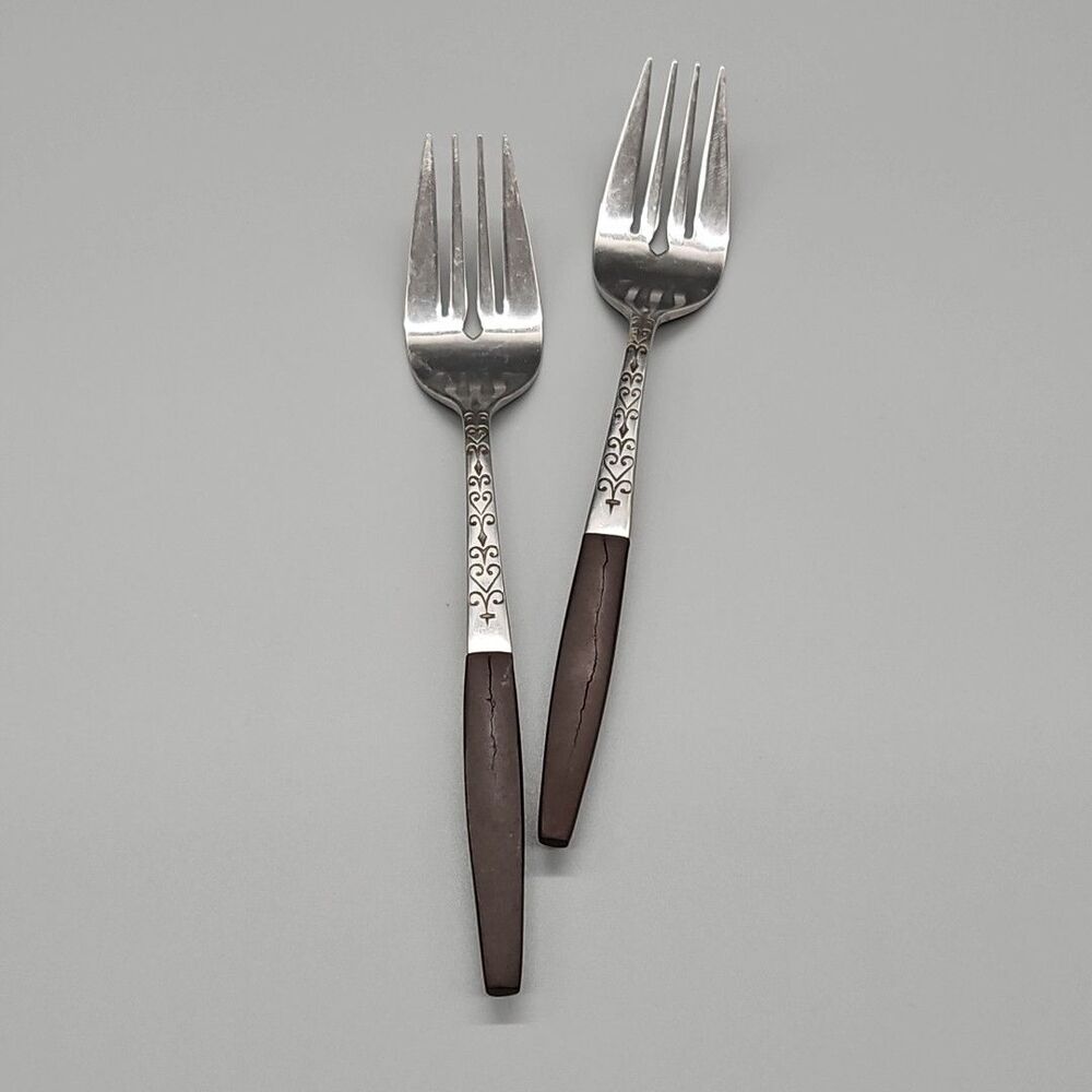 Interpur Salad Forks Brown Wood-Tone Handle Stainless Japan Flatware Set/2
